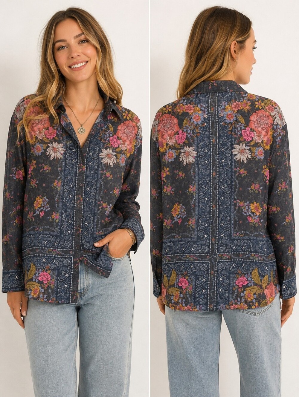 NWT Natural Life Floral Bandana Print Button-Up Shirt